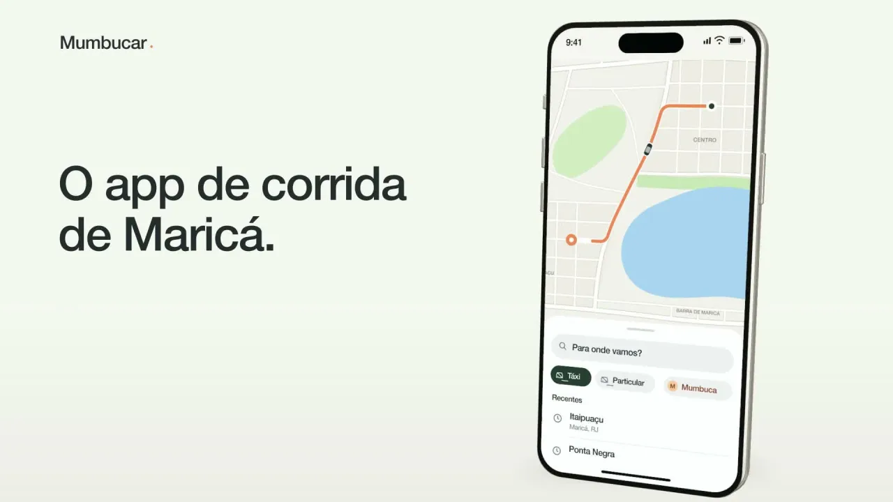 Apresentação em 3D do app Mumbucar, com mapa e busca de destino. O app de corrida de Maricá.